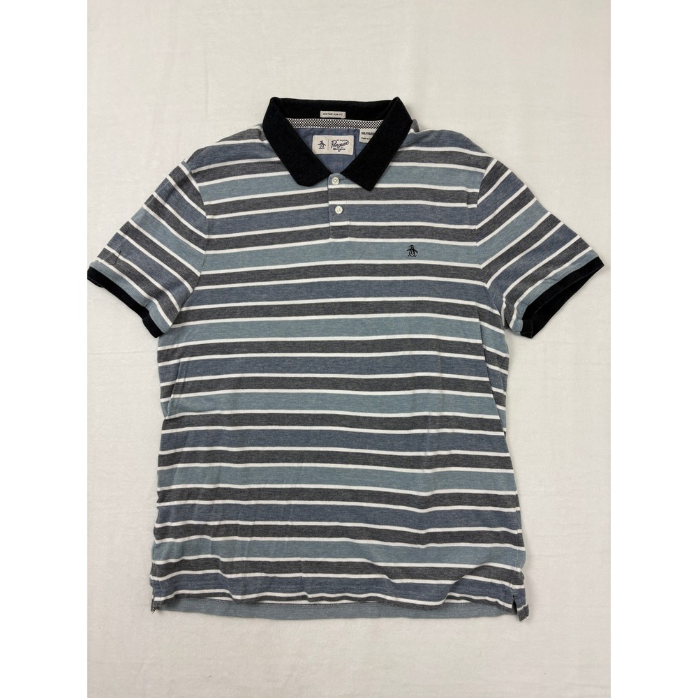 Original Penguin Heritage Slim Fit Blue Striped Polo Shirt Mens XXL OP4201